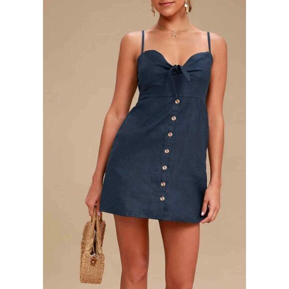 Faithfull the Brand Rodeo Navy Blue Tie-Front Dress. 100% Linen. Size 6/M - Picture 1 of 10